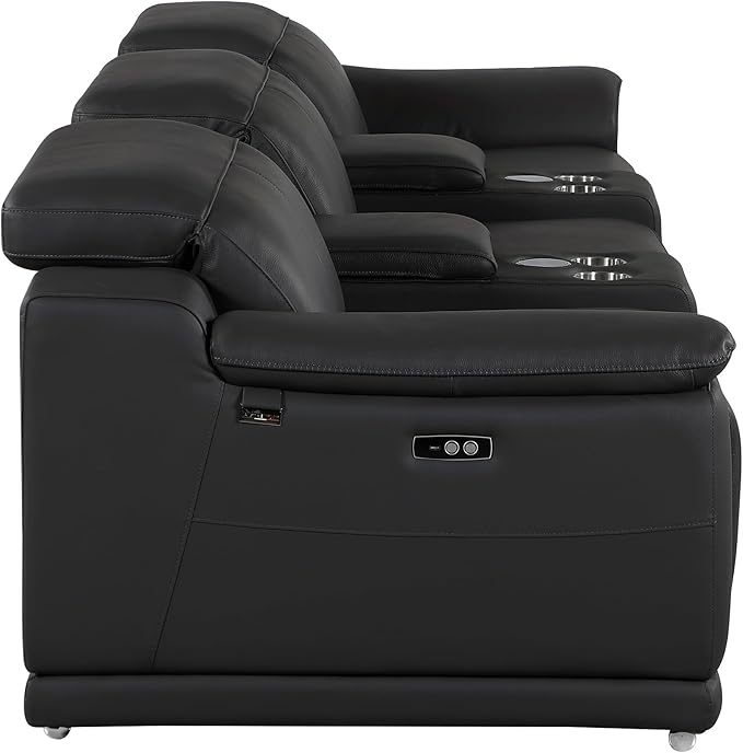 Blackjack Furniture Venice Top Grain Italian Leather Power Recline 5 Piece Sofa - 134" Theater Seating Modern Couch for Living Room Apartment Lounge Home with Adjustable Headrests & USB Port, Black