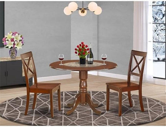 East West Furniture DLBO3-MAH-W 3 Piece Modern Dining Table Set Contains a Round Wooden Table with Dropleaf and 2 Dining Room Chairs, 42x42 Inch, Mahogany
