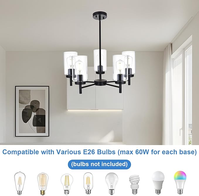 5-Light Contemporary Black Chandelier, Modern Industrial Dining Room Light Fixtures Over Table, Ceiling Hanging Kitchen Island Pendant Lighting Fixtures w/Clear Glass Shade for Entryway Foyer