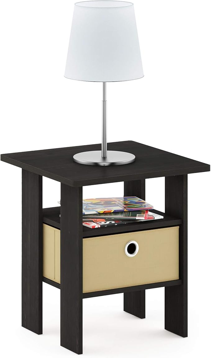Furinno ANDREY Side Table, End Table, Night Stand with Open Shelves and Storage Bin, Bedside Table, for Living Room, Bedroom, Espresso