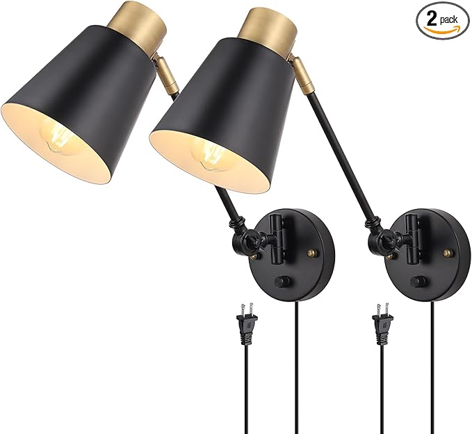 Dimmable Wall Lamp with Plug in Cord, ENCOMLI Plug in Wall Sconces Set of Two, Swing Arm Sconces Wall Lighting with On Off Switch, Metal Black Brass Industrial Wall Sconce Plug in Wall Light, E26 Base