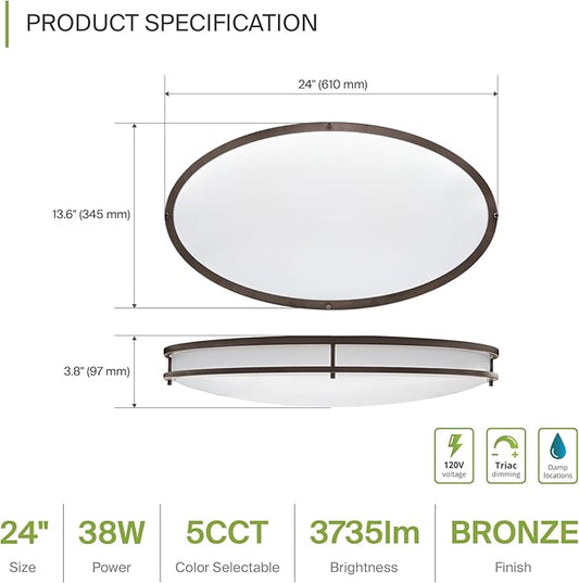 ASD LED 24" Oval Flush Mount Lighting, Close to Ceiling Light Fixture | 5CCT, Dimmable, ETL Listed | 38W 3289LM 2700-5000K 120V | Low Profile Double Ring Lamp | Dark Bronze, 2 Pack