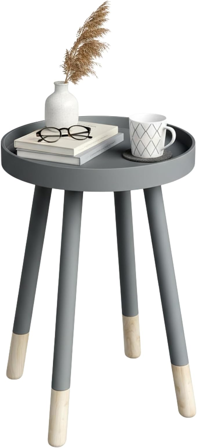 Lavish Home Round End Table - Wooden Mid-Century Modern Side Table with Tray Top and Two-Tone Color - Living Room Furniture (Gray)
