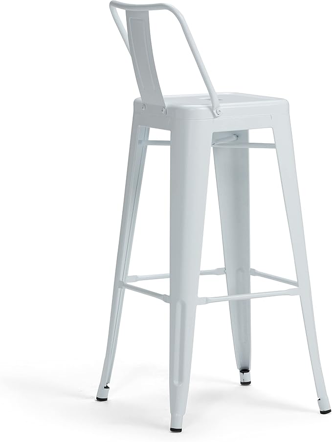 SIMPLIHOME Rayne Bar Stools (Set of 2) - 30 inch Seat Height Industrial Metal Chairs in White, Contemporary Seating for Kitchen or Bar with Curved Back, Under-Seat Cross Brace, and Footrest