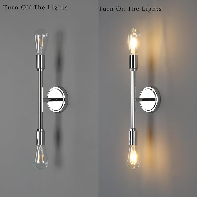Phansthy Wall Sconces Set of Two, Modern Sconces Wall Lighting Fixtures, 2-Light Bathroom Light Over Mirror, Indoor Ceiling Light/Wall Light for Bedroom, Living Room (Chrome 2 Pack)
