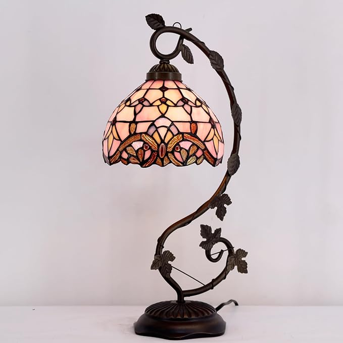 WERFACTORY Tiffany Table Lamp Pink Stained Glass Baroque Style Reading Desk Light, Metal Leaf Base 8X10X21 Inches Decor Small Space Bedside Bedroom Home Office S003P Series
