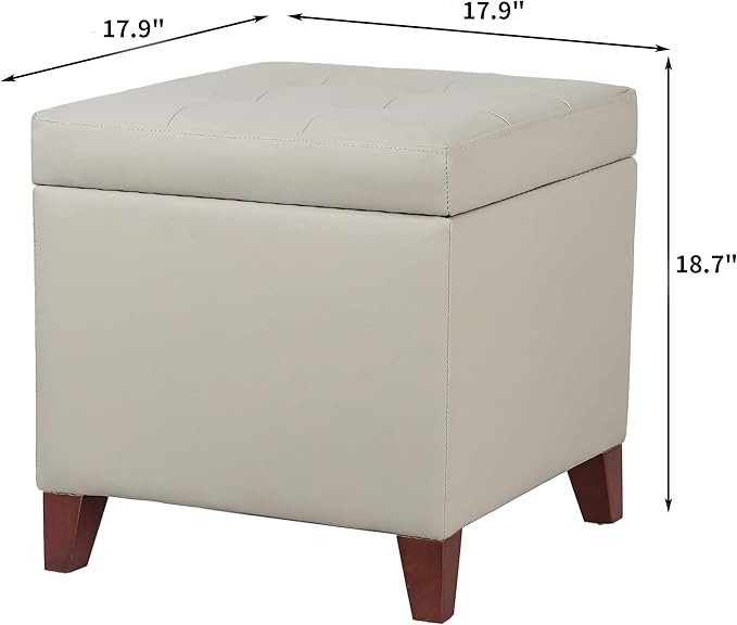 Adeco 18" Square Storage Ottoman, Premium Faux Leather Lift-Top Footrest & Coffee Table, Modern Upholstered Cube with Sturdy Wood Legs, Extra Seat for Living Room, Bedroom - Elephant Grey