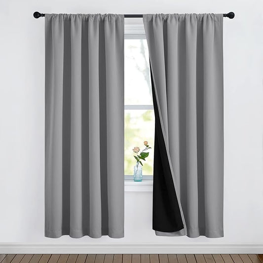 NICETOWN Full Shade Curtain Panels, Pair of Energy Smart Rod Pocket Blackout Drapes for Guest Room Window, Thermal Insulated Guest Room Lined Window Dressing(Silver Grey, 52 x 72 inch)