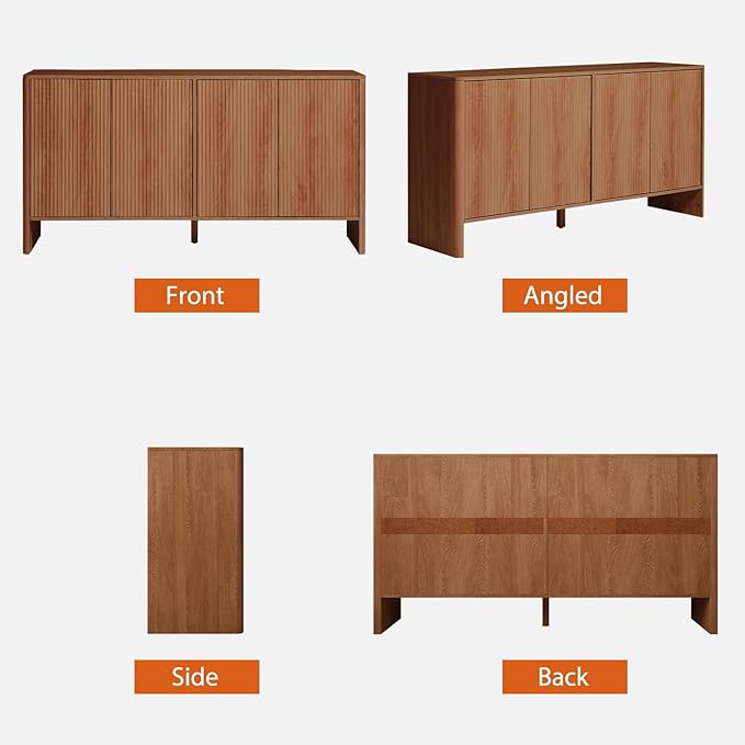 Modern Accent Buffet Cabinet with Adjustable Shelves, Storage Cabinet with 4 Doors, Modern Sideboard Buffet Cabinet, Freestanding Sideboard with Fluted Doors for Kitchen and Living Room (Walnut)