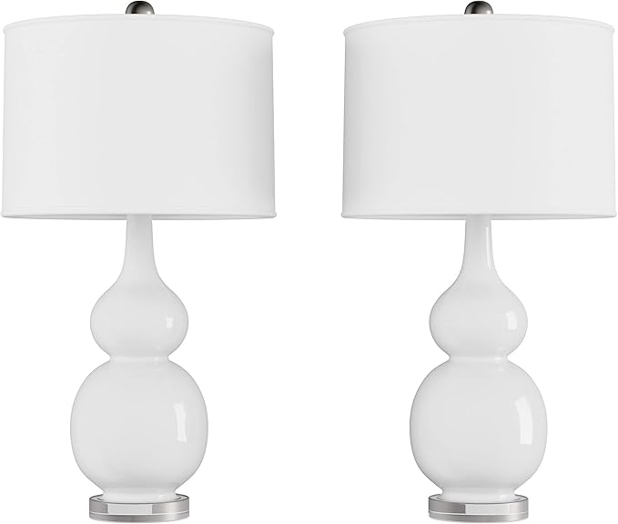 Ceramic Table Lamps - Set of 2 Double Gourd Vintage-Style Accent Lights for Bedroom, Living Room, or Office with LED Bulbs by Lavish Home (White)