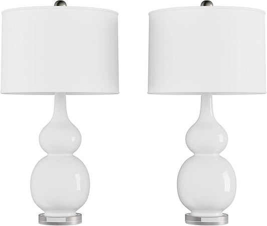 Ceramic Table Lamps - Set of 2 Double Gourd Vintage-Style Accent Lights for Bedroom, Living Room, or Office with LED Bulbs by Lavish Home (White)