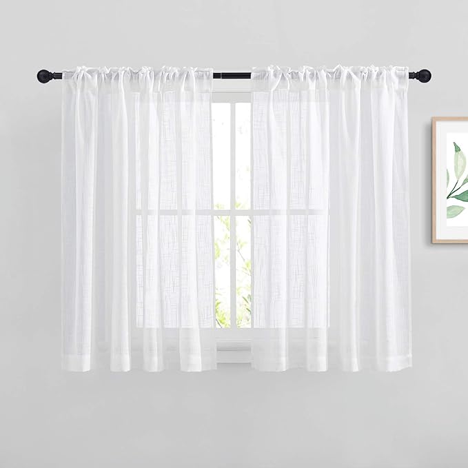 NICETOWN White Short Sheer Kitchen Curtains 45 inches Length, Linen Look Rod Pocket & Back Tab 2 Hanging Options Semi Sheer Vertical Drapes for Bedroom & Dining Room, 104" Wide Total 2 Pieces