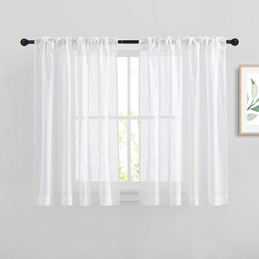 NICETOWN White Sheer Curtains 54 inch Length for Nursery, Rod Pocket & Back Tab Linen Blend Window Treatments Semi Sheer Privacy with Light Filter for Kids Room, W52 x L54, 2 Panels