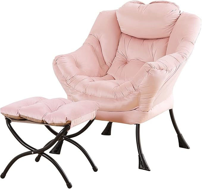 Lazy Chair and Ottoman, Large Accent Pink Velvet Chair with Side Pocket, Modern Leisure Upholstered Sofa Reading Armchair with Footrest for Office, Bedroom, Living Room, Dorm, Balcony