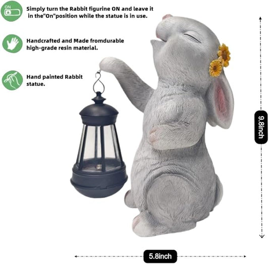 Garden Statue Solar Garden Decor Solar Rabbit with LED Light Outdoor Easter Decorations for Home, Patio, Yard,Lawn Ornaments Waterproof Resin Figurine Christmas Mother's Day Gifts（9.8 Inch）
