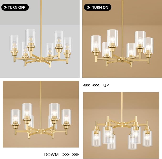 Modern Gold Chandeliers for Dining Room, 6-Light Chandelier Light Fixture with Clear Glass Shades, Metal Hanging Pendant Lighting for Living Room, Kitchen, Staircase, Entryway