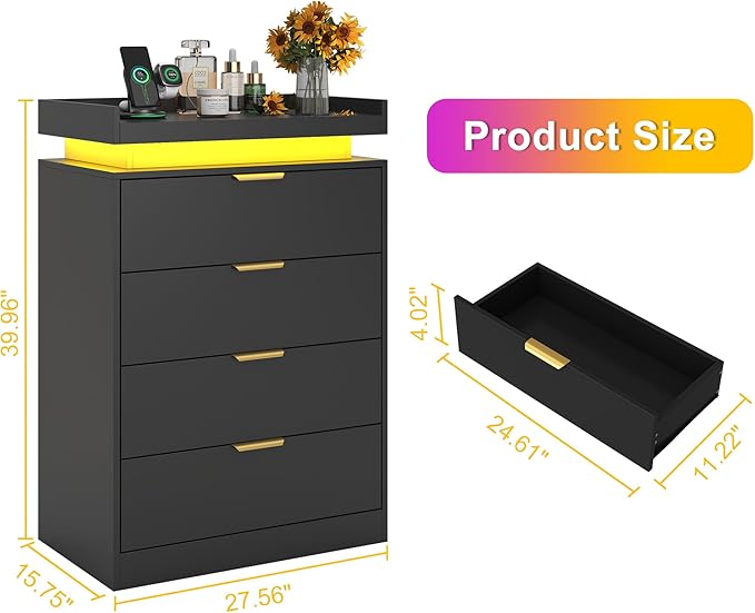 Black Dresser with LED Lights, Wooden LED Dresser, 4 Drawer Chest with Charging Station, Tall Chest of Drawer Closet Organizer for Bedroom, Living Room, Entryway, Hallway