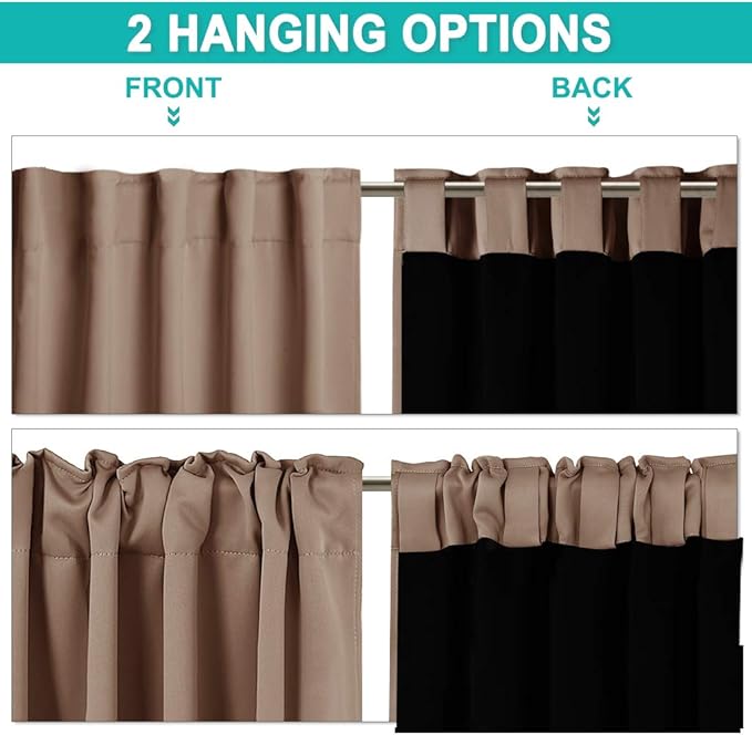 NICETOWN Blackout Bedroom Window Curtains with Back Tab and Rod Pocket, Noise Reduction and Privacy Curtains for Patio Door, Black Lined Blackout Drapes with Top, Cappuccino, 1 Pair, W52 x L84