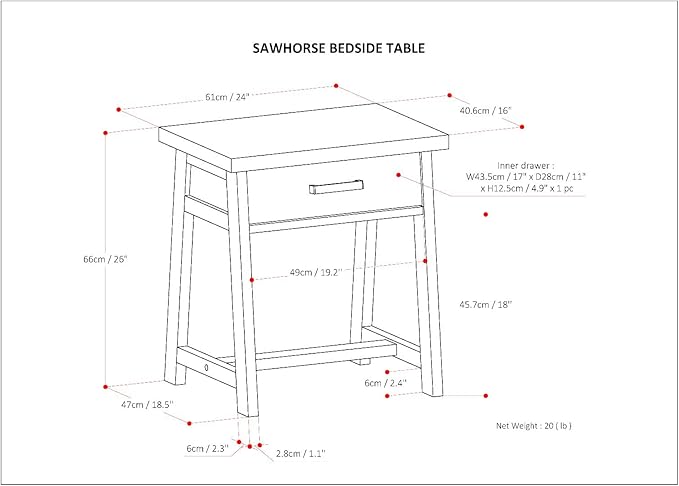 SIMPLIHOME Sawhorse SOLID WOOD 24 Inch Wide Modern Industrial Bedside Nightstand Table in Distressed Grey, For the Living Room and Bedroom
