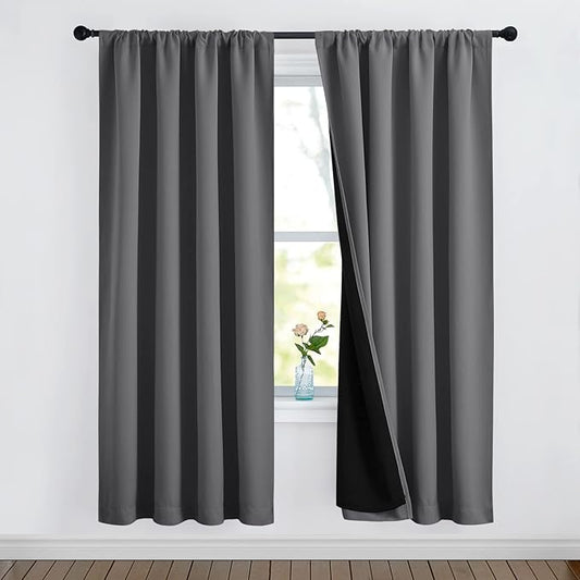 NICETOWN Grey Full Shade Room Warming Curtain Panels, Pair of Energy Smart Rod Pocket Blackout Drapes for Guest Room Window, Thermal Insulated Guest Room Lined Window Dressing(Gray, 52 x 72 inch)