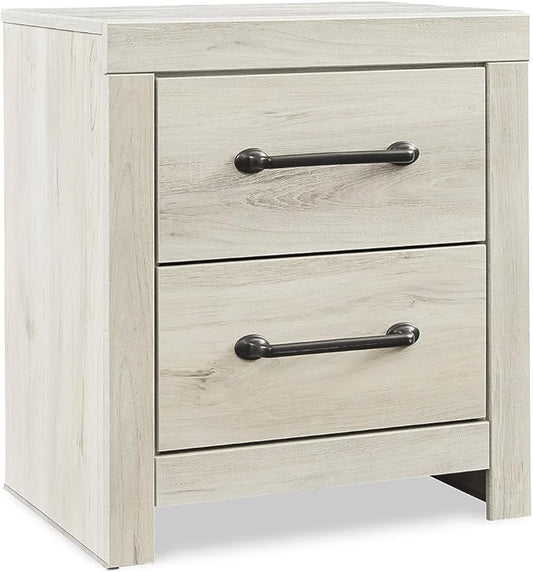 Signature Design by Ashley Cambeck Farmhouse Industrial 2 Drawer Two Drawer Nightstand with 2 Slim-Profile USB Charging Stations, 24.37" Tall, Whitewash
