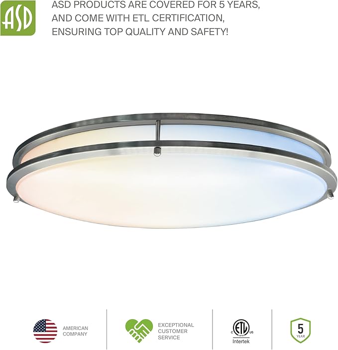 ASD LED 24" Oval Flush Mount Lighting, Close to Ceiling Light Fixture | 5CCT, Dimmable, ETL Listed | 38W 3289LM 2700-5000K 120V | Low Profile Double Ring Lamp | Nickel