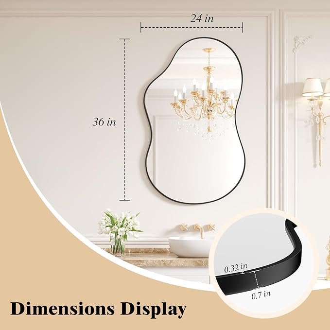 WEER Irregular Wall Mirror, 24x36 inch Black Asymmetrical Wall Mounted Mirrors Decorative, Abstract Wavy Aluminum Alloy Frame for Bathroom, Bedroom, Living Room, Entryway
