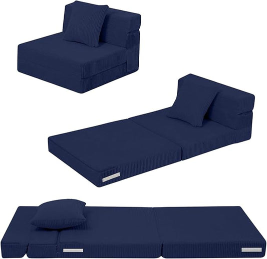 MeMoreCool Kids Fold Out Sofa Chair – Navy Corduroy Tri-Fold Floor Futon for Toddlers, Portable Sleeper Couch with Washable Cover Soft Convertible Lounger | High-Density Foam Mattress