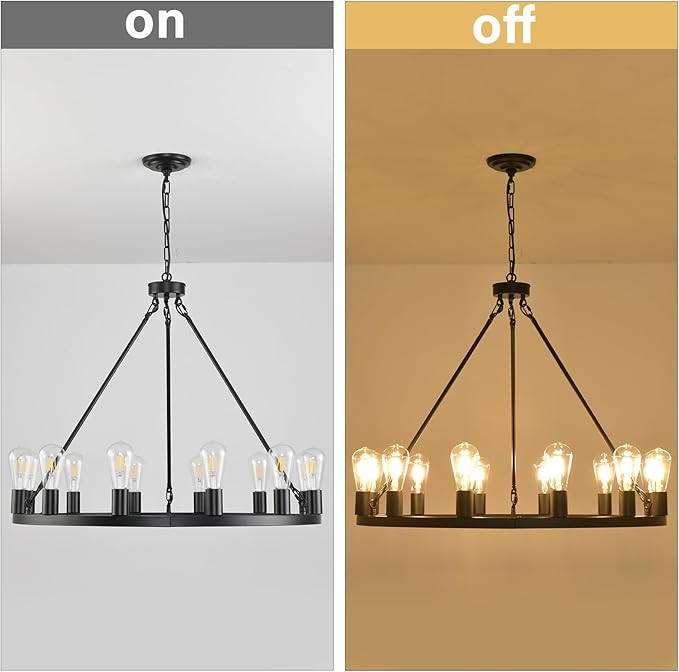 12 Lights Wagon Wheel Chandelier,31.5 inch Black Round Rustic Industrial Vintage Farmhouse Chandeliers for Outdoor Porch High Ceilings Living Dining Room Foyer Entryway