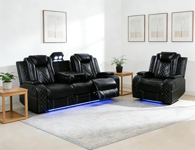 Power Reclining Sofa Set, Living Room Furniture Sets, Leather Power Recliner Sofa & Chair Set with Charging/Storage/LED, Breathing Leather Reclining Couch for Home Theater/Office, 3+1, Black