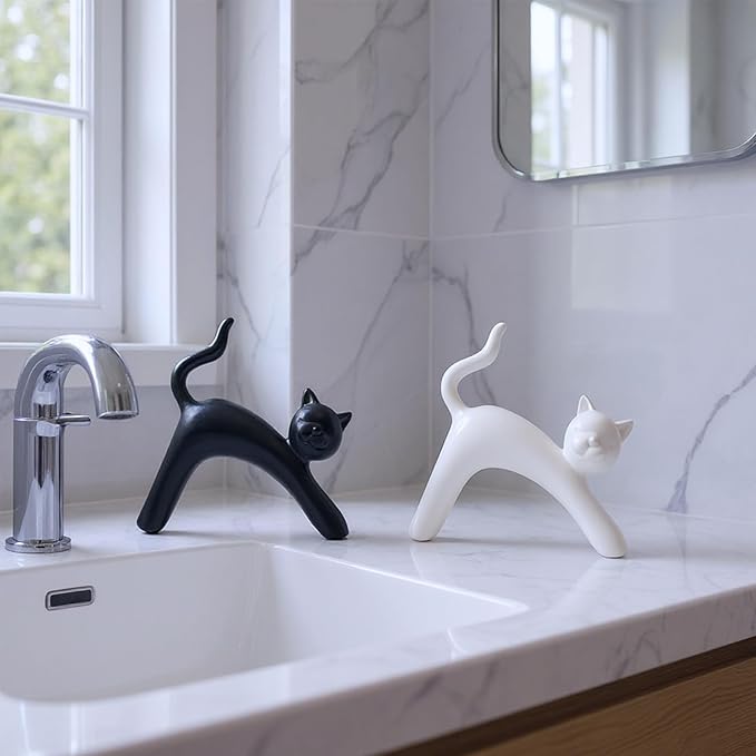 Zerzsy Ceramic Cat Statue Figurine Sculpture Home Decor, 2-Pack Black and White Kitten Sculptures Small Knick Office Desk Accessories Decoration Gifts for Cat Lover