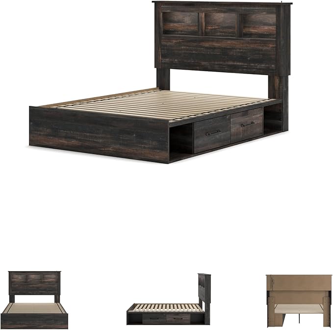 Signature Design by Ashley Drystan Rustic Queen Bookcase Bed with 2 Storage Drawers, Open Cubbies and LED Light, Foundation or Box Spring Not Needed, Dark Brown & Gray