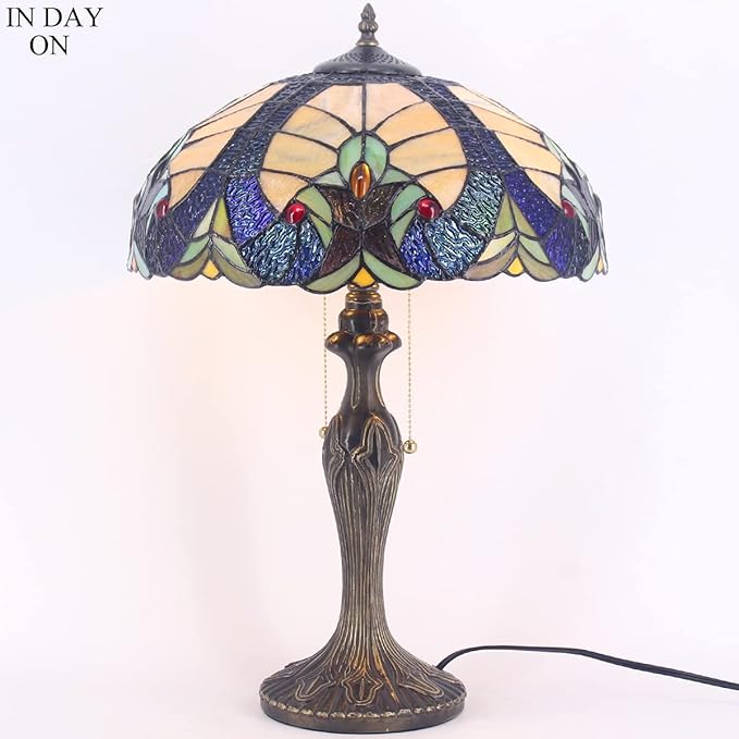 WERFACTORY Tiffany Table Lamp Yellow Liaison Stained Glass Bedside Lamp 16X16X24 Inches Desk Reading Light Metal Base Decor Bedroom Living Room Home Office S160E Series