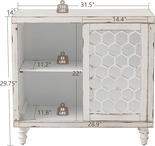 COSIEST 31.5" W Sideboard Buffet Cabinet with Mirrored Doors and Adjustable Shelf, Kitchen Storage Cabinet with Sliding Doors for Dining Room, Hallway, Living Room (White, Honeycomb Pattern)