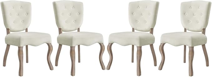Modway Array French Vintage Tufted Performance Velvet Weathered Wood Four Kitchen and Dining Room Chairs in Ivory - Fully Assembled
