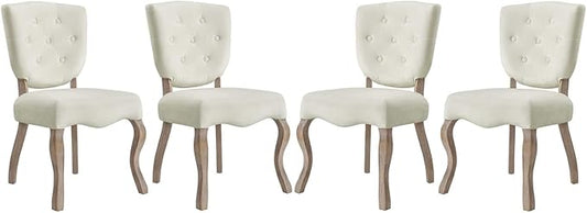 Modway Array French Vintage Tufted Performance Velvet Weathered Wood Four Kitchen and Dining Room Chairs in Ivory - Fully Assembled