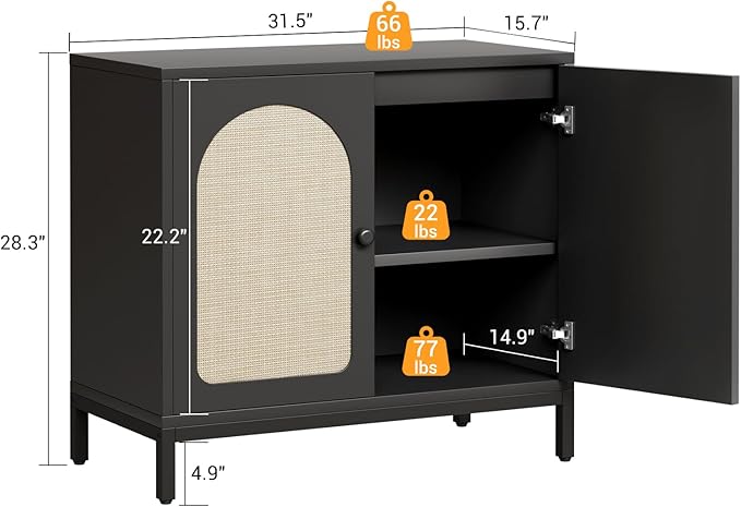 GarveeHome Rattan Sideboard Buffet Cabinet Set of 2, Boho Accent Kitchen Storage Liquor Bar Console Cabinet with Adjustable Shelf for Living Room, Hallway, Black
