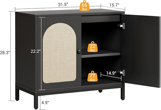 GarveeHome Rattan Sideboard Buffet Cabinet Set of 2, Boho Accent Kitchen Storage Liquor Bar Console Cabinet with Adjustable Shelf for Living Room, Hallway, Black