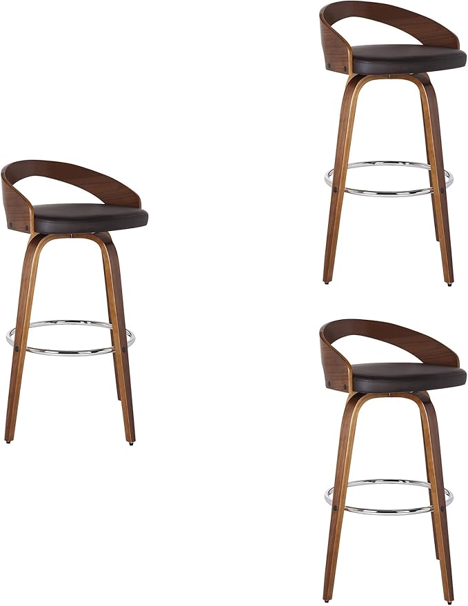 Armen Living Sonia 26" Counter Height Swivel Brown Faux Leather and Walnut Wood Bar Stool - Set of 3