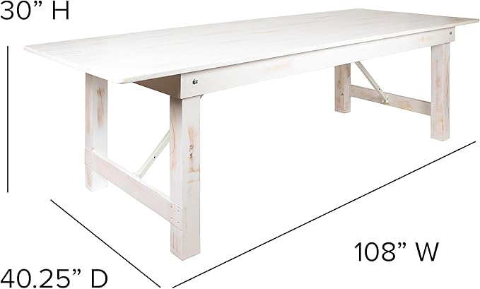 Flash Furniture Hercules Commercial Grade Farmhouse Dining Table | Solid Pine Foldable Table for 10 in Antique Rustic White | Rustic Charm for Home and Events