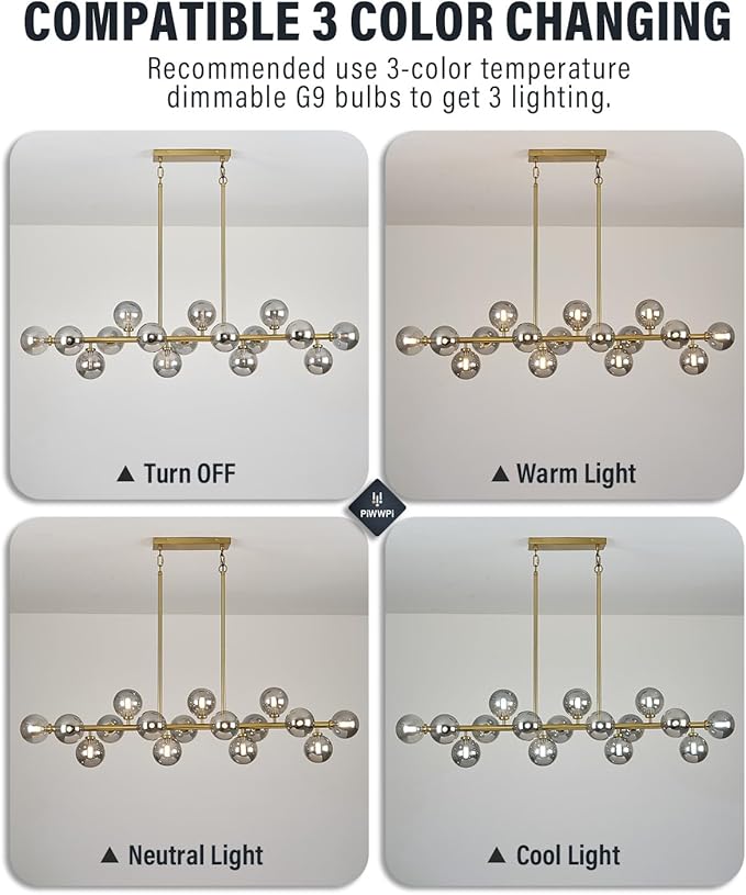 55" Long Brass Gold Chandeliers for Dining Room Kitchen Island, Large Globe Sputnik Linear Chandelier, 16 Lights Mid Century Modern Light Fixture Over Table, Smoke Grey Bubble, GC-08