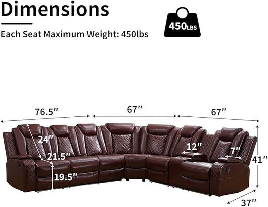 Leather Power Recliner Sectional Sofa with LED Light,L Shaped Leather Couch Set with 2 Recliner Seats，Modular Corner Sofa with Storage Console/Coffee Table for Living Room(Red, Sectional)