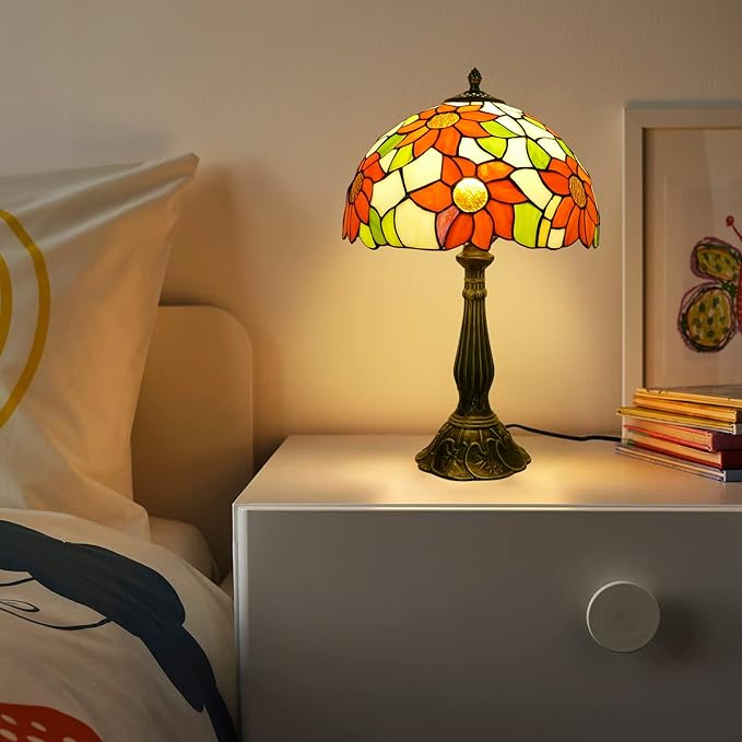 Tiffany Style Table Lamp Sunflower Vintage Table Lamp Stained Glass Lamp Durable Bronze Alloy Base Tiffany Lamps for Bedroom 12" Wide 19" Tall for Living Room Home Office