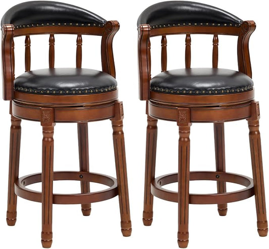 Cow top Leather Wooden Bar Stools, 29.5" Height Bar Chair with Back, 180 Degrees Swivel Bar Stools Chair for Home Kitchen Counter,Restaurant (Black-2pcs, Counter Seat Height 26in)