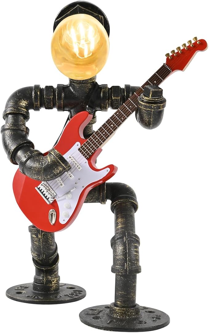 Steampunk Table Lamp with Mini Electric Guitar, Cool Gifts for Music Lovers, Creative Steampunk Lamp Electric Guitar Table Lamp Decor Retro Light Industrial Robot Light