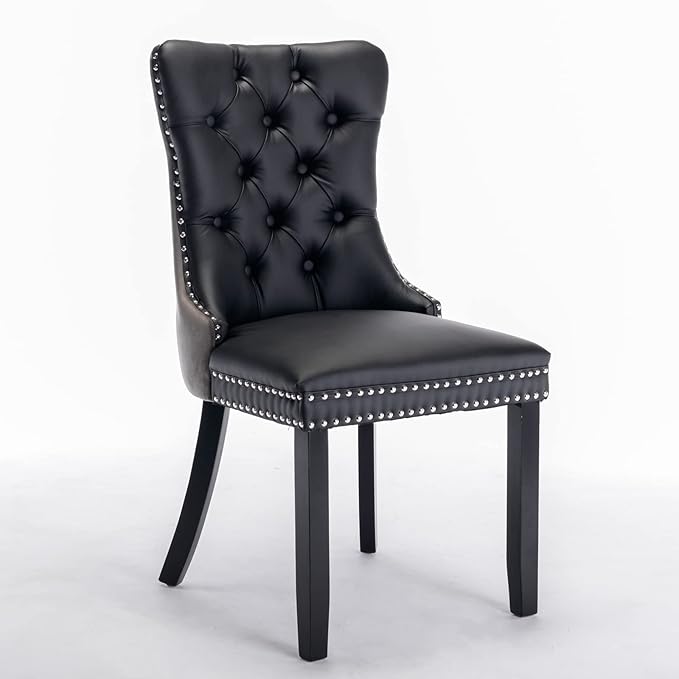 2-Pcs Set PU and Velvet Upholstered Dining Chair with Wood Legs,Nailhead Trim Modern Upholstered Side Chair W/Button Back Ring,for Sitting Room,Apartment,Black+Gray