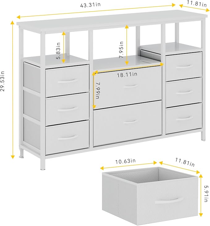 8-Drawer Fabric Dresser TV Stand - Sturdy Steel Frame & Wood Top Chest of Drawers, Lightweight Storage Organizer for Bedroom, Closet, Entryway (White)