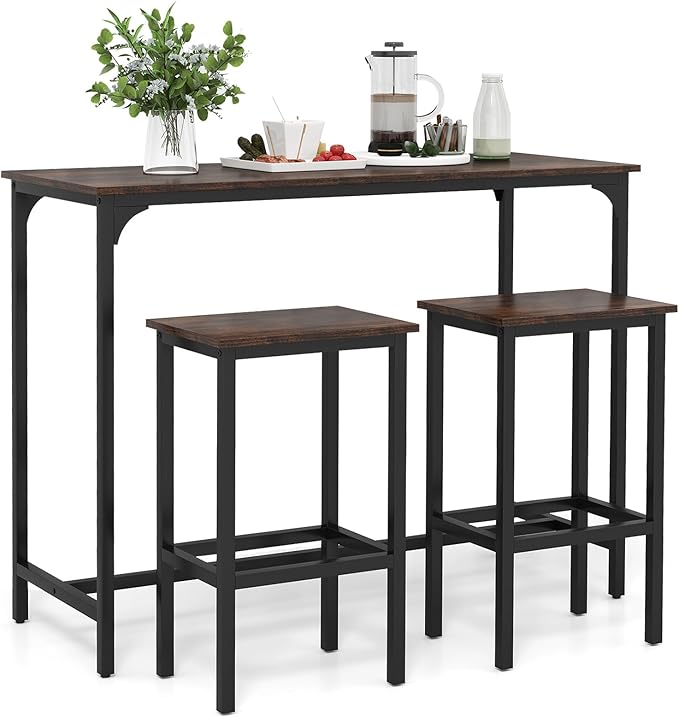 COSTWAY 3-Piece Dining Table Set, 47.5" Industrial Counter-Height Kitchen Table and 2 Bar Stools, High Top Rectangular Pub Table and Chairs for Dining Room Small Place Breakfast Nook Bistro (Coffee)