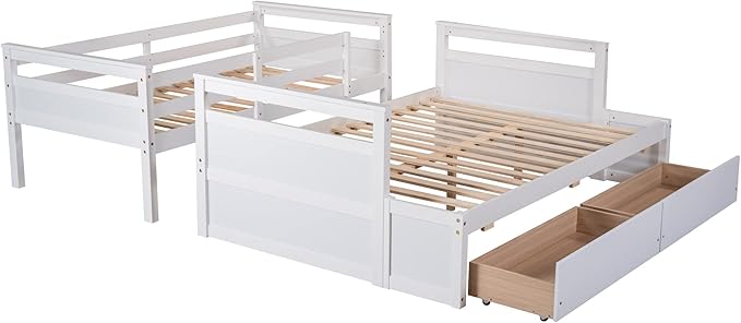 Twin Over Full Bunk Beds with 2 Under Bed Storage Drawers, Stronger & More Stable Bunkbed, White