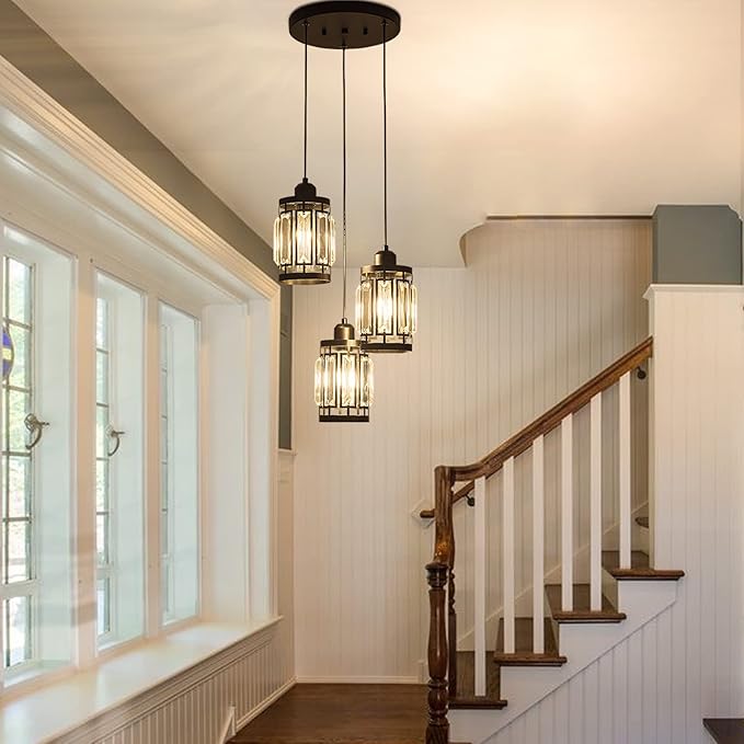 3 Light Farmhouse Pendant Light Adjustable Ceiling Hanging Lighting Fixture with K9 Crystals for Kitchen Restaurant Cafe Dining Room Island Light Black